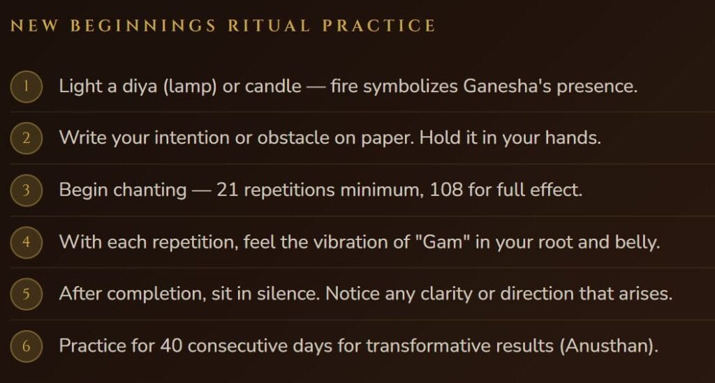 Om Gam Ganapataye Namaha — Ganesha mantra to remove obstacles and raise vibration